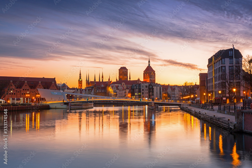 Gdansk with beautiful old town over Motlawa river at sunset, Poland.