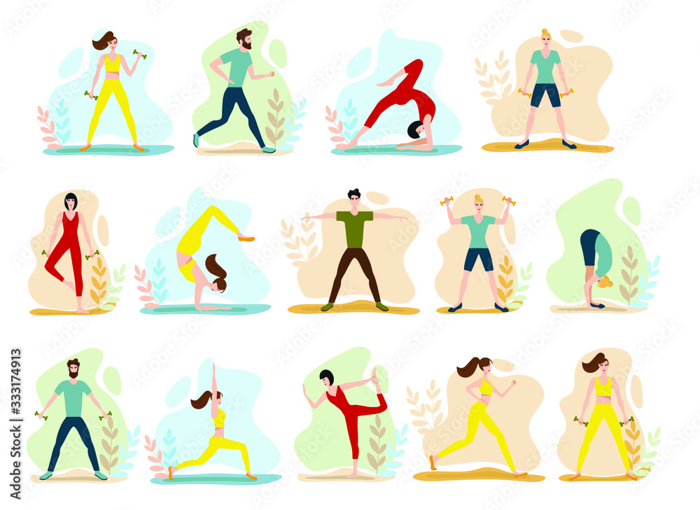 set with sports people. Flat vector illustration of boys and girls training in sports uniform and with sports equipment on abstract background. set with sports people. Flat vector illustration of boys and girls training in sports uniform and with sports equipment on abstract background.