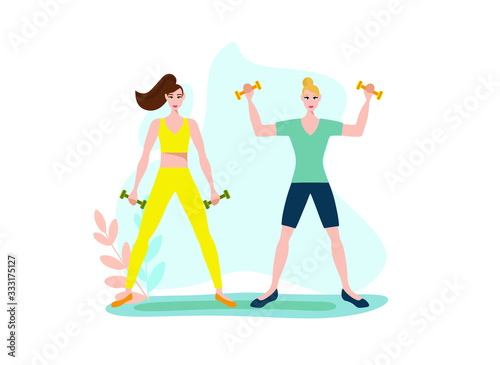 girls play sports. Flat vector illustration of women training in sports uniform and with sports equipment 