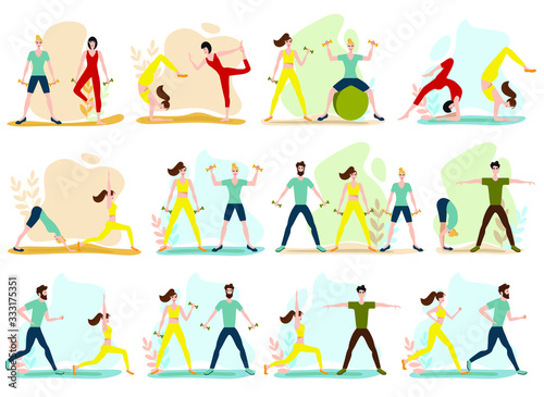 set with sports people. Flat vector illustration of boys and girls training in sports uniform and with sports equipment on abstract background.