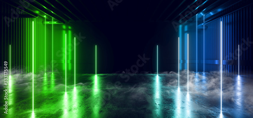 Sci Fi Futuristic Smoke Background Concrete Cement Pantone Green Blue Electric Neon Led Laser Glowing Lights Dark Night Studio Showcase Hallway Warehouse Stage Podium Cyber 3D Rendering