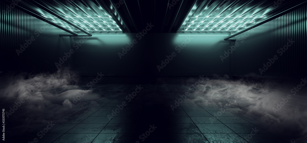 Obraz premium Sci Fi Futuristic Smoke Background Concrete Cement Blue Electric Neon Led Laser Glowing Lights Dark Night Studio Showcase Hallway Warehouse Stage Podium Cyber 3D Rendering