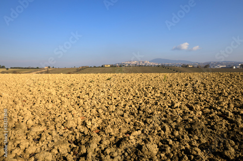 Ancona, Italy - January 1, 2019: A typical landscape in Marche country, Ancona, Marche, Italy