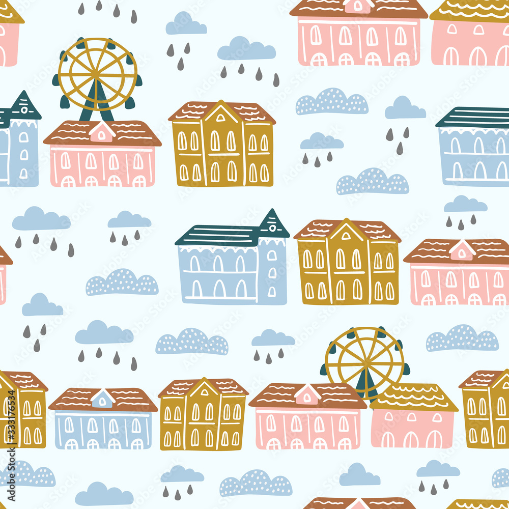 Seamless pattern with abstract city life, houses, clouds.
