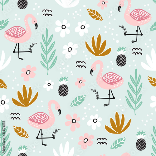 Seamless pattern with flamingo and hand-drawn elements