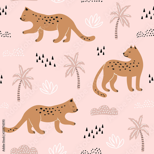 Seamless pattern with hand drawn leopards