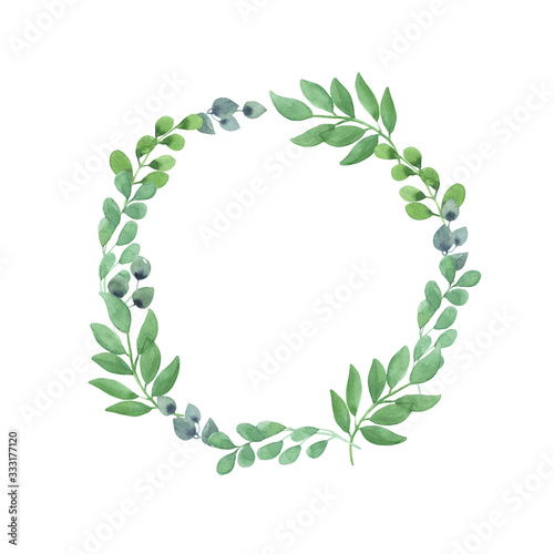 watercolor illustration round frame of green swamp branches with leaves on a white background. spring summer mood. space for text. cards, design, for wedding, greetings, wallpaper background.