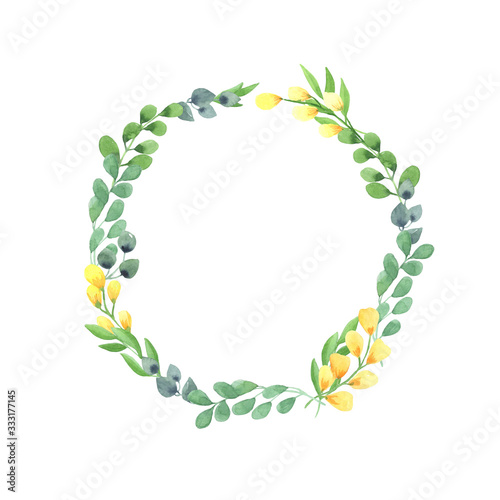 watercolor illustration round frame of green swamp branches with leaves,yellow flowers sprigs on a white background. space for text. cards, design, for wedding, greetings, wallpaper background.