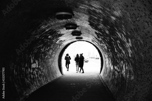Black and White photo of view to tunnel under the Chain Bridge in Budapest