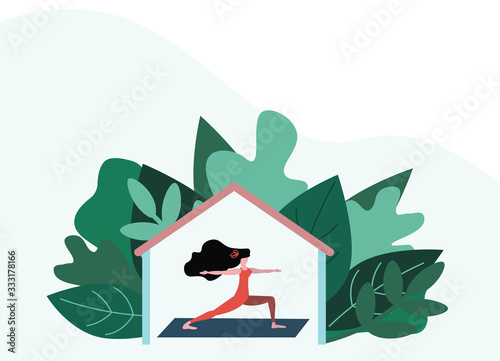 Woman doing yoga exercises at home on Quarantine. Stay home, Stop COVID-19, 2019-nCoV Novel Corona virus.