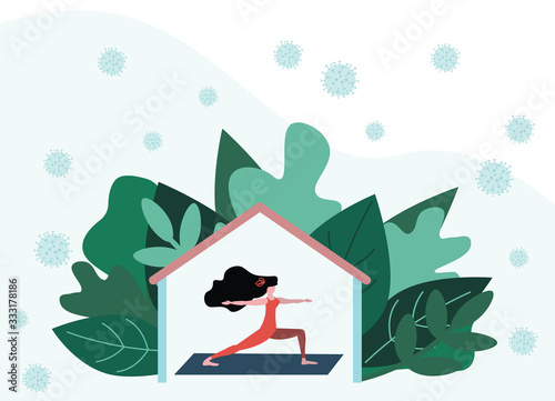Woman doing yoga exercises at home on Quarantine. Coronavirus CoV and virus infection outdoor. Stay home, Stop COVID-19, 2019-nCoV Novel Corona virus.