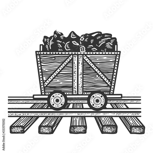 coal trolley sketch engraving vector illustration. T-shirt apparel print design. Scratch board imitation. Black and white hand drawn image.