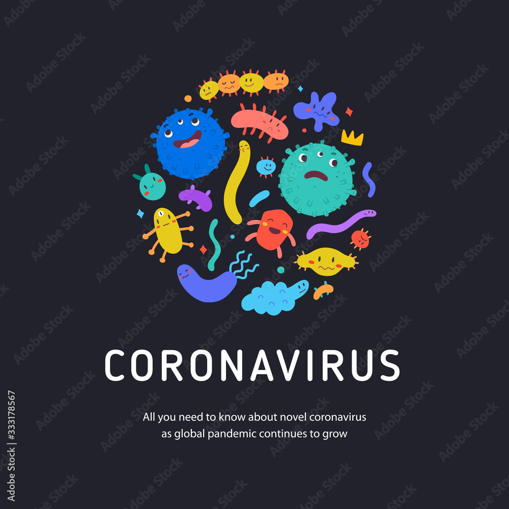 Coronavirus banner, various kinds of viruses and bacteria, cute cartoon characters, covid-19, vector background template, cute doodle illustrations