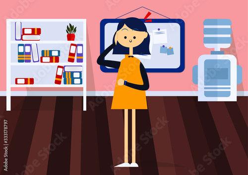 Businesswoman standing in office and holding his head. Front view. Colorful cartoon vector illustration. Concept of time management