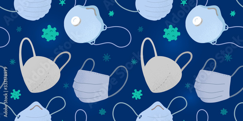 Various medical masks, coronavirus pandemic protection, disposable ffp2, ffp3 respirators, seamless vector background, facial masks for doctors, epidemic prevention