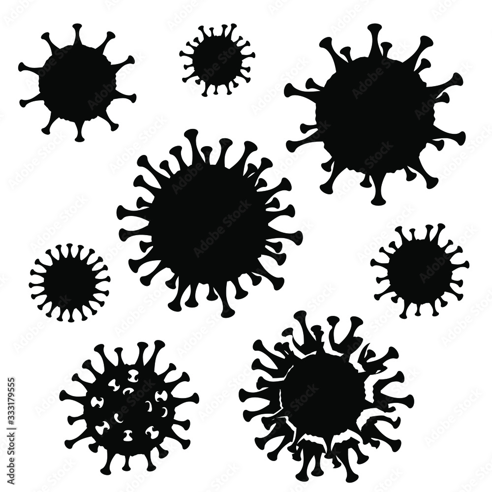 Set of virus silhouettes. Coronavirus icon sign collection. Stock vector collection set, black and white, isolated on white background. Set of virus silhouettes. Coronavirus icon sign collection. Stock vector collection set, black and white, isolated on white background.