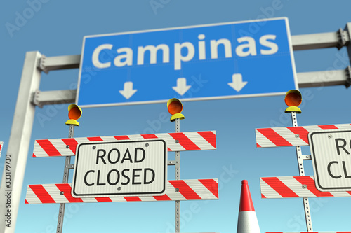 Roadblocks near Campinas city road sign. Lockdown in Brazil conceptual 3D rendering © Alexey Novikov