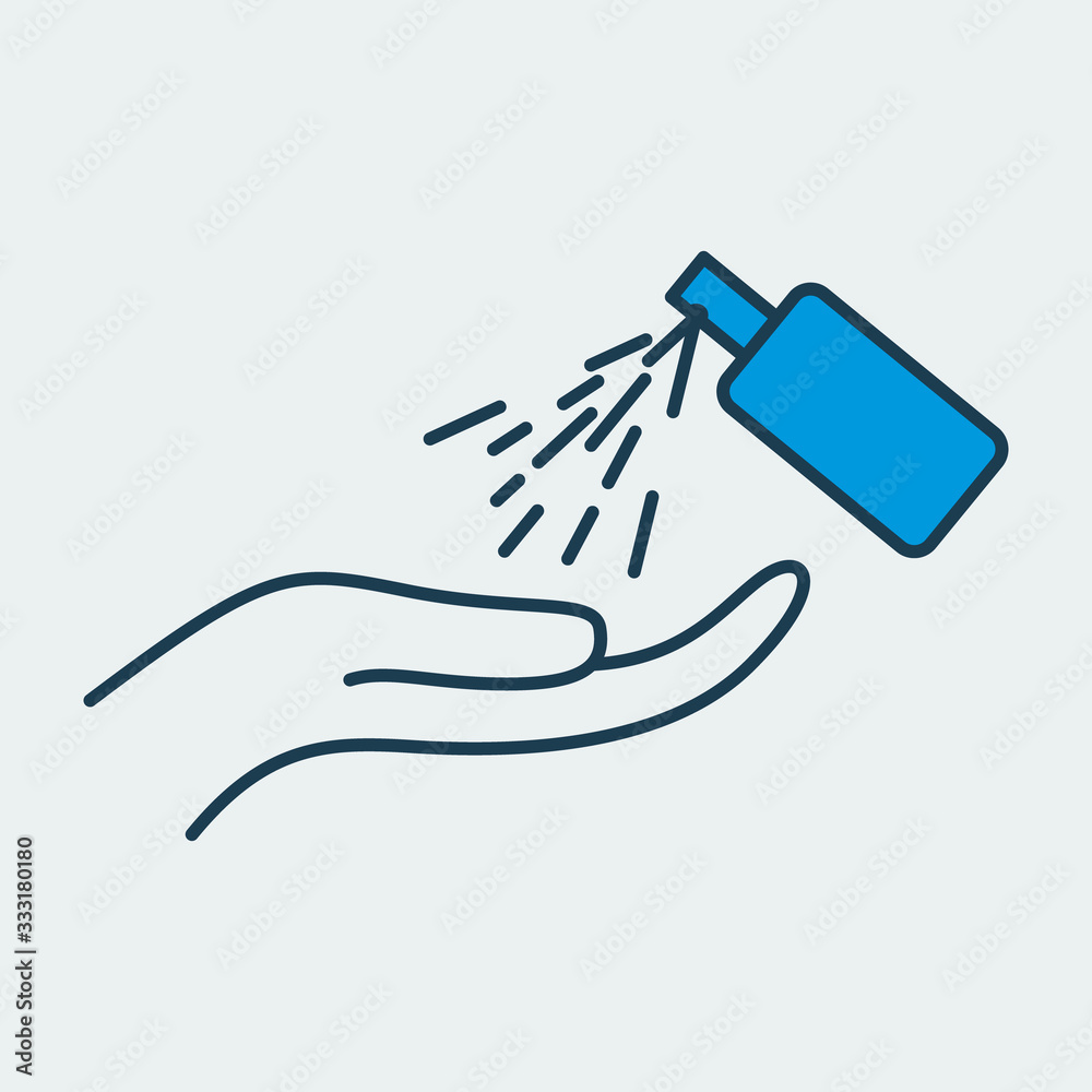 Vector icon of a hand sanitizer spraying on hand. It represents a concept of cleanliness, body care, healthy lifestyle and virus protection. Also can be used as a logo Vector icon of a hand sanitizer spraying on hand. It represents a concept of cleanliness, body care, healthy lifestyle and virus protection. Also can be used as a logo