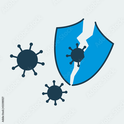 Vector icon of a broken shield and virus penetrating inside. It represents a concept of medical protection, self isolation, health safety and virus quarantine