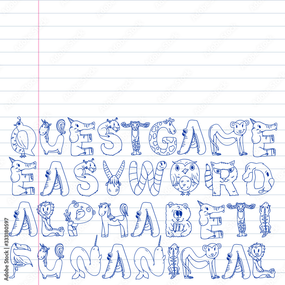 Animal alphabet. Zoo alphabet. Letters from A to Z. Cartoon cute animals. Elephant, dog, flamingo, giraffe, horse, alligator, bear, cat. Animal alphabet. Zoo alphabet. Letters from A to Z. Cartoon cute animals. Elephant, dog, flamingo, giraffe, horse, alligator, bear, cat.