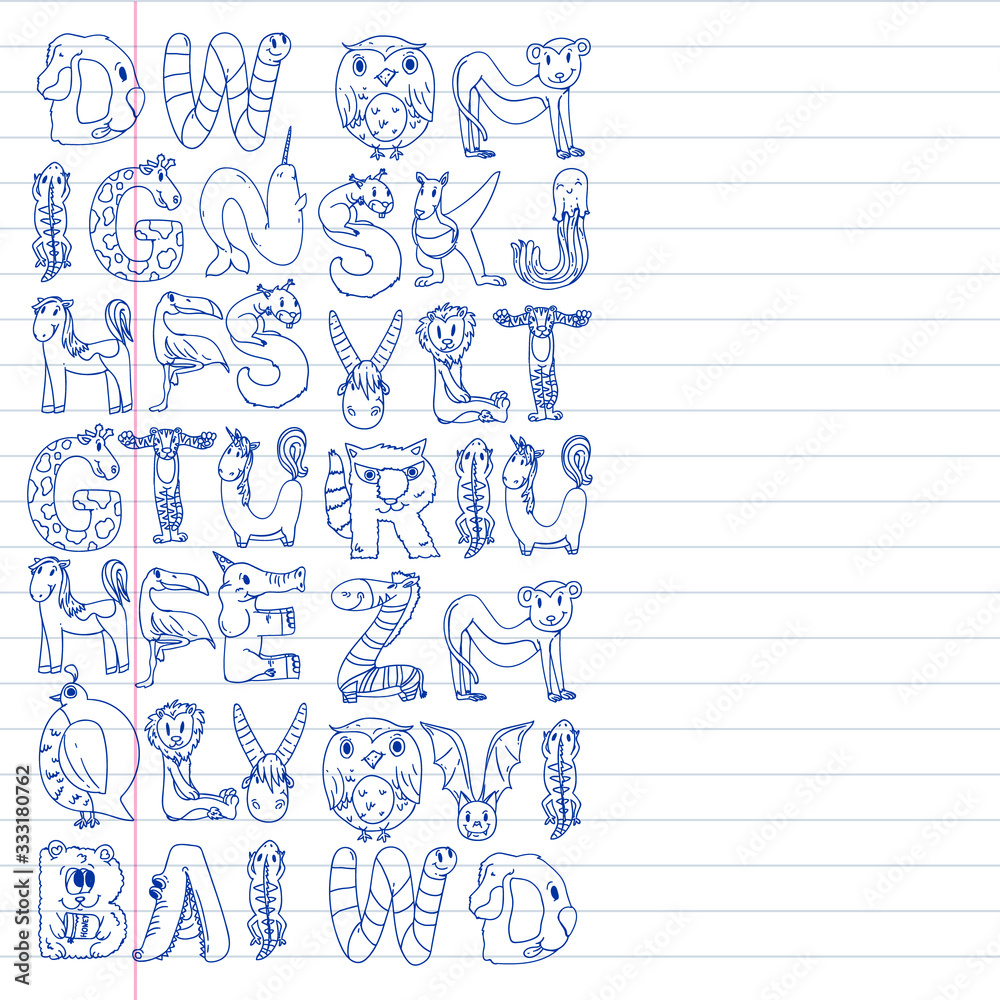 Animal alphabet. Zoo alphabet. Letters from A to Z. Cartoon cute animals. Elephant, dog, flamingo, giraffe, horse, alligator, bear, cat. Animal alphabet. Zoo alphabet. Letters from A to Z. Cartoon cute animals. Elephant, dog, flamingo, giraffe, horse, alligator, bear, cat.