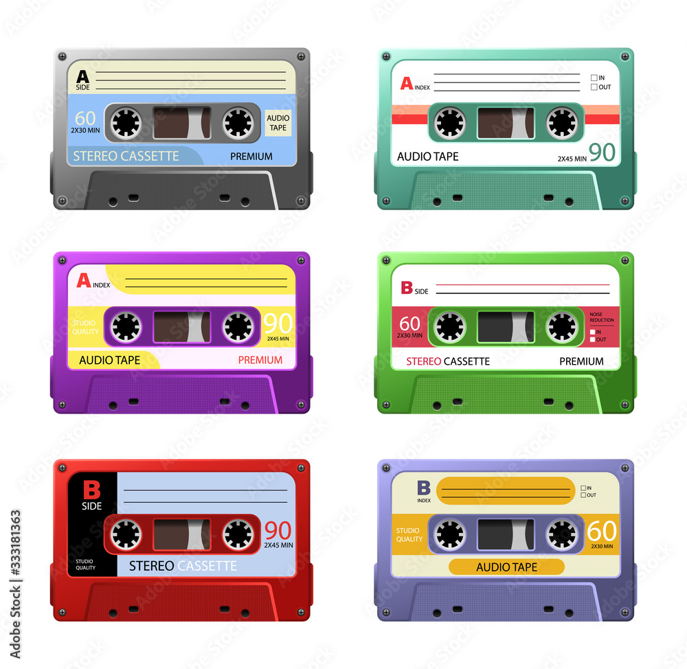 Fototapeta premium Retro Cassettes. Vintage tape cassette. Retro mixtape, 1980s pop songs tapes and stereo music cassettes.
