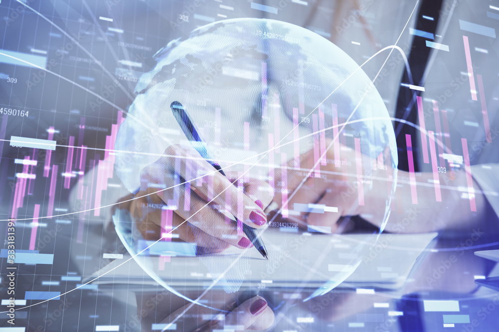 Double exposure of hands making notes with forex chart huds. Stock market concept. Double exposure of hands making notes with forex chart huds. Stock market concept.