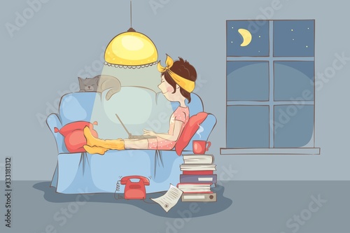 Working from home. Young woman works on the laptop on home, funny vector illustration. EPS 10.