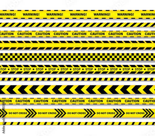 Vector aution lines set of seamless ribbons. Black and yellow striped strips.  Police, Warning, Under construction, Do not cross, Do not stop, Danger. © IceVector