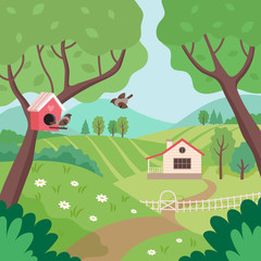 Rollo Kinderzimmer Frühlingslandschaft mit Haus, Bäumen und Vögeln. Nette Vektorillustration im flachen Stil  © Biscotto Design