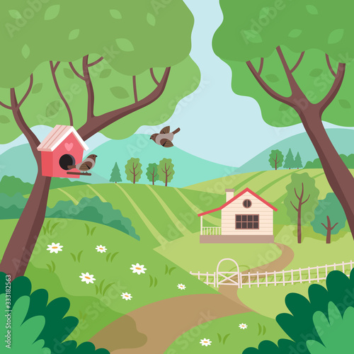 Spring countryside landscape with house, trees and birds. Cute vector illustration in flat style