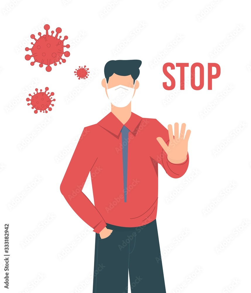 Stop coronavirus. Coronavirus outbreak vector illustratin. Man wearing face mask. Boy showing gesture stop.