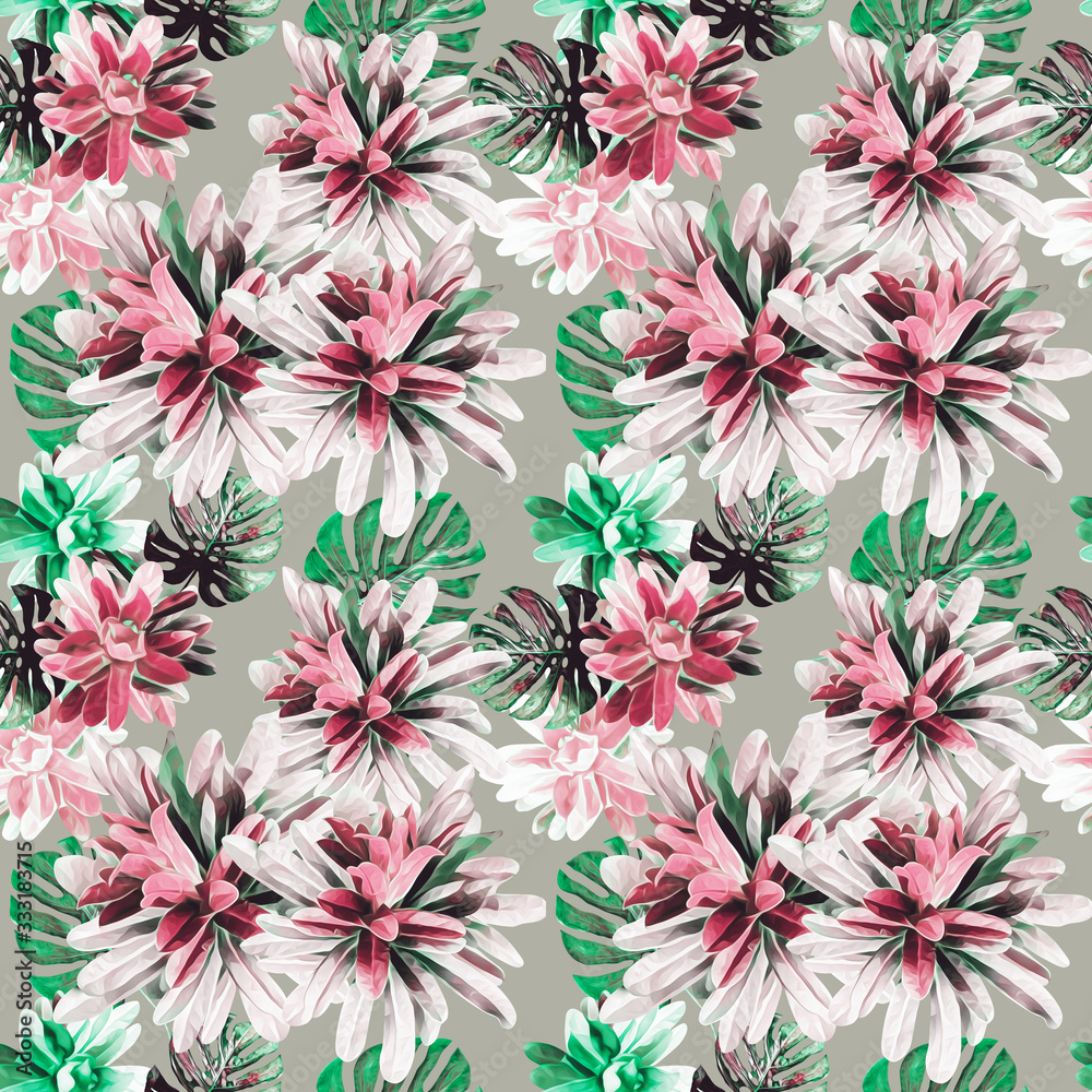Exotic plants with monstera leaves, seamless pattern. Exotic plants with monstera leaves, seamless pattern.