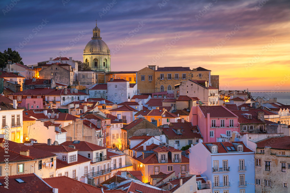 Lisbon, Portugal. Cityscape iImage of Lisbon, Portugal during dramatic sunrise.