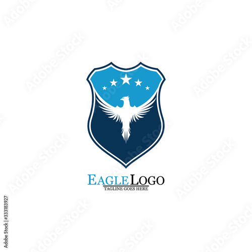Eagle logo template design with a shield and stars. Vector illustration.