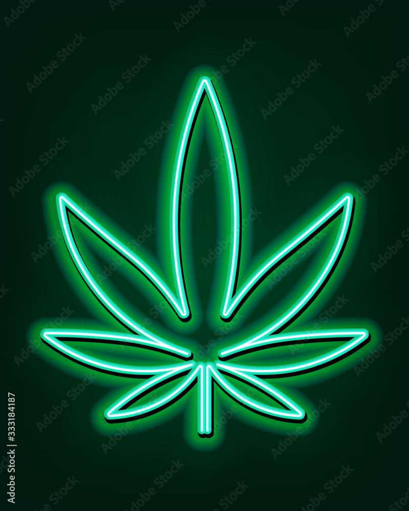 Green neon sign of marijuana leaves. Cannabis logo Green neon sign of marijuana leaves. Cannabis logo
