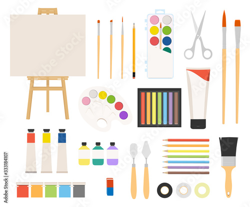 Painter art tools. Paint arts tool kit vector illustration. Watercolor painting design artists supplies, easel and palette, painting brush and draw materials