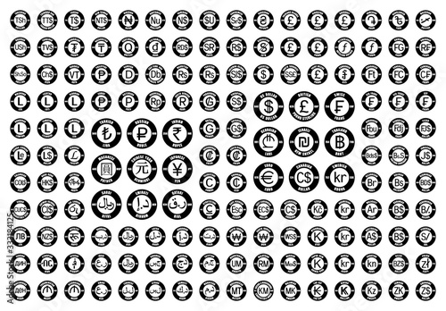 Full set of all world currency icons. New international money symbols with ISO 4217 codes and abbreviations. Black vector flat round signs isolated on white