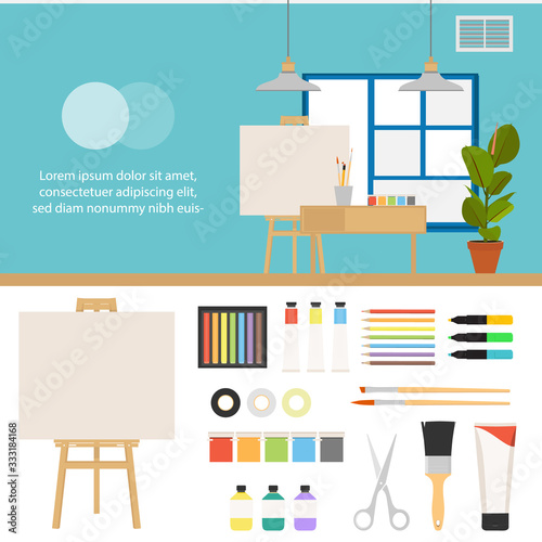 Creative set for artist. Ideas, creativity, design. Tools and materials