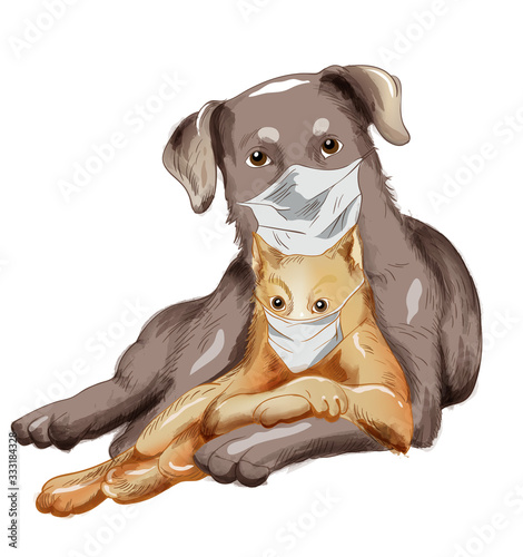 Dog and cat friends with disposable mask. Corona Virus among pets idea