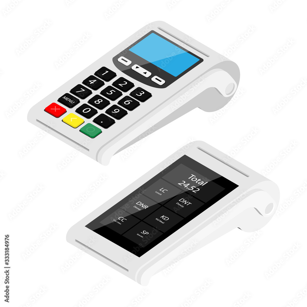 New modern smart pos terminal and POS terminal payment machine isolated on white background New modern smart pos terminal and POS terminal payment machine isolated on white background