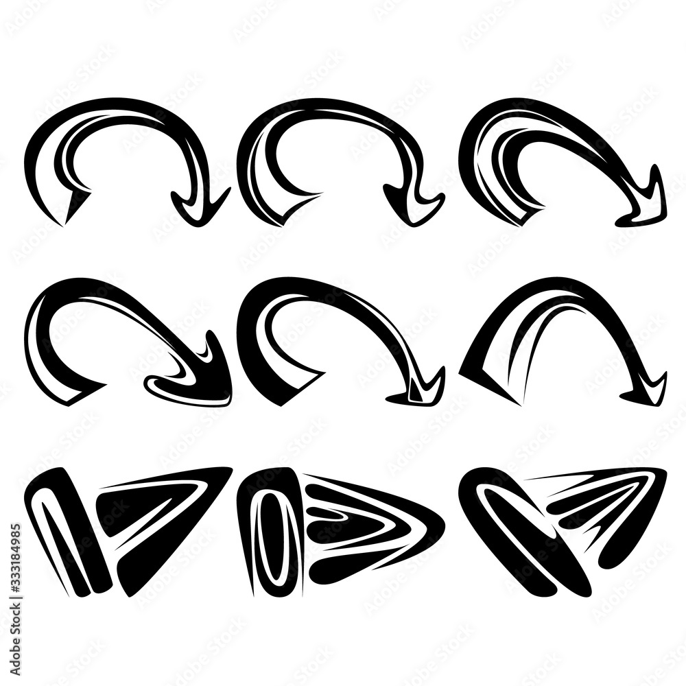 A set of nine different abstract icons. A set of different variations of designer direction arrows. A set of nine different abstract icons. A set of different variations of designer direction arrows.