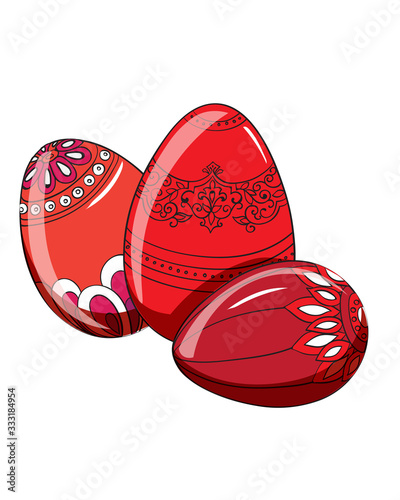 Set of red easter eggs with various ornaments. Vectors