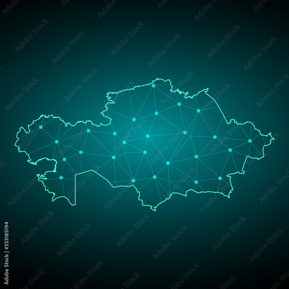 Obraz premium Map of Kazakhstan. Wire frame 3D mesh polygonal network line, design sphere, dot and structure. communications map of Kazakhstan. Vector Illustration EPS10. - Vector