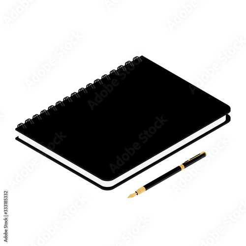 Black spiral notebook isolated and fountain pen on white background isometric view