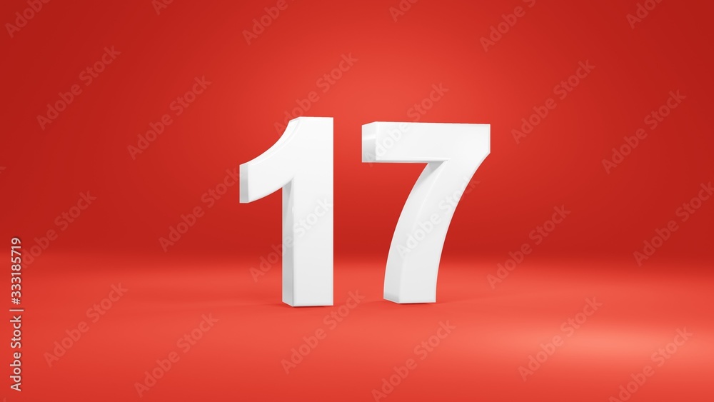Number 17 in white on red background, isolated number 3d render