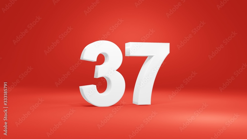 Number 37 in white on red background, isolated number 3d render Number 37 in white on red background, isolated number 3d render
