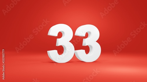 Number 33 in white on red background, isolated number 3d render