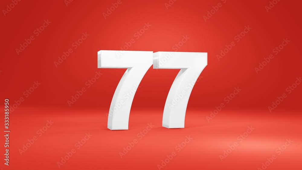 Fototapeta premium Number 77 in white on red background, isolated number 3d render