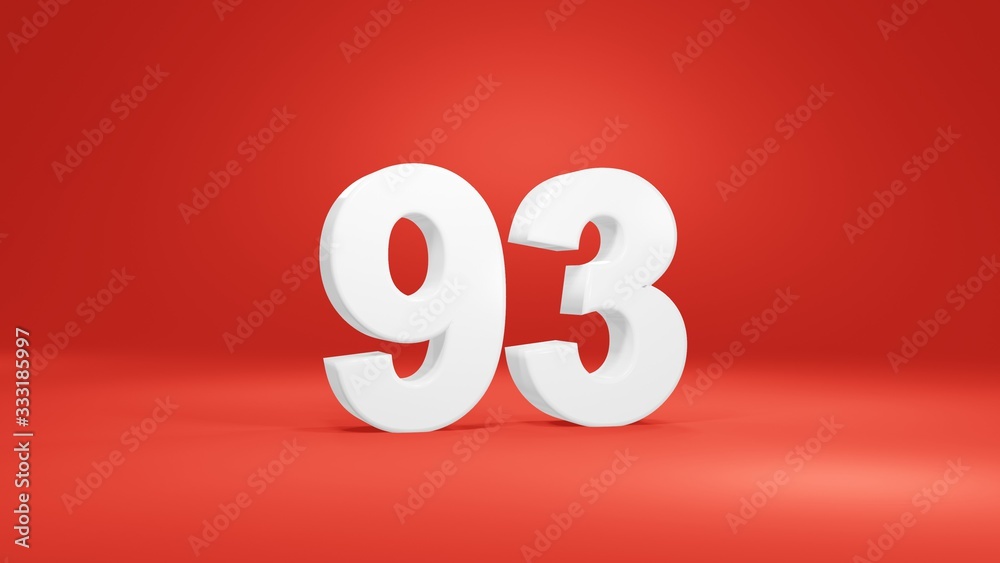 Number 93 in white on red background, isolated number 3d render Number 93 in white on red background, isolated number 3d render